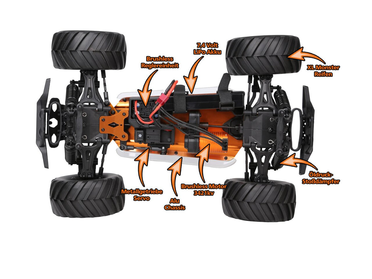 DF-Models HotStrike Chassis mit Brushless-Motor, Regler, LiPo-Akku und Öldruck-Stoßdämpfern