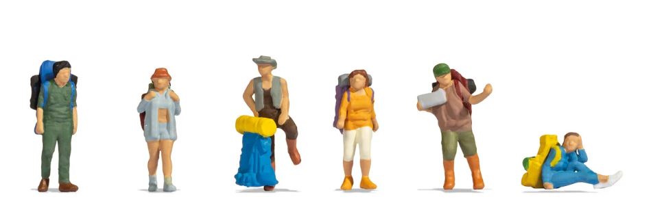 Backpacker und Tramper, 6 Figuren mit Rucksäcken, 1:87